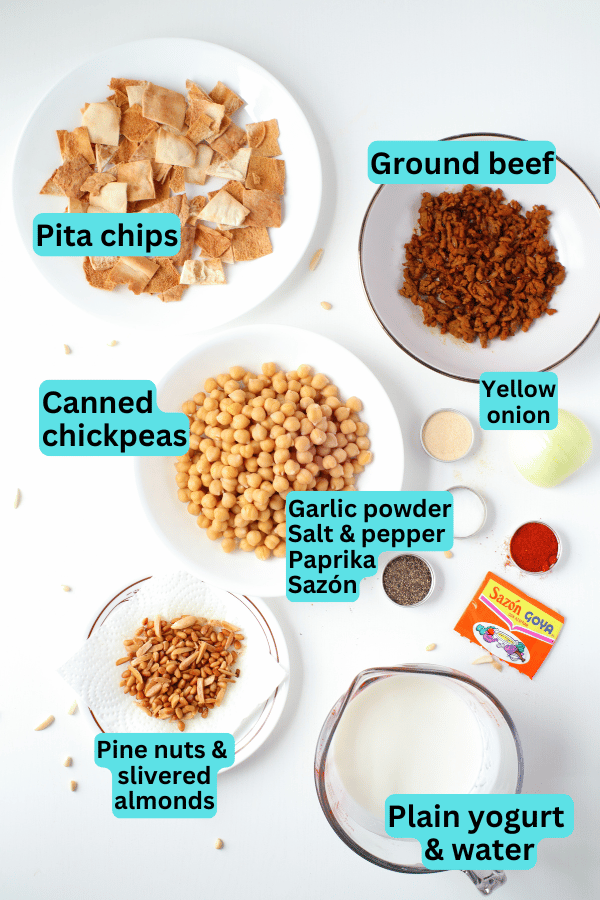 fatteh ingredients labelled on white table