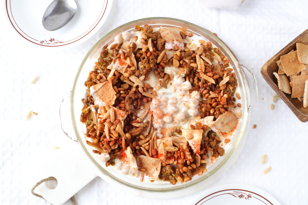 top view of fatteh on white table