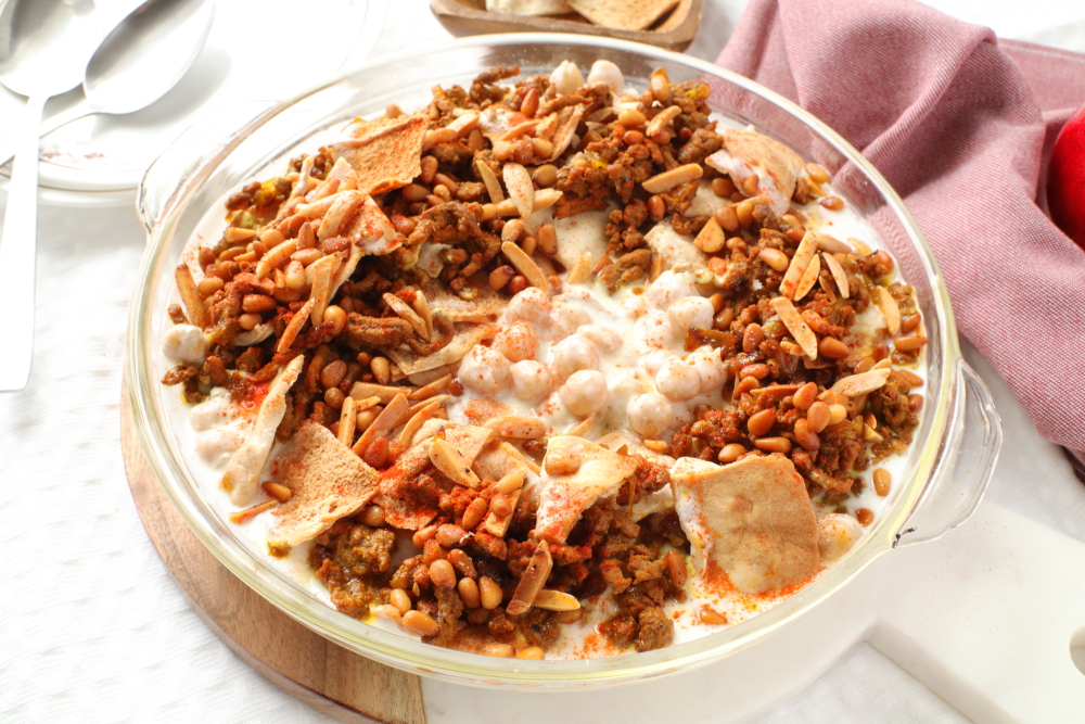 close up of fatteh on white table