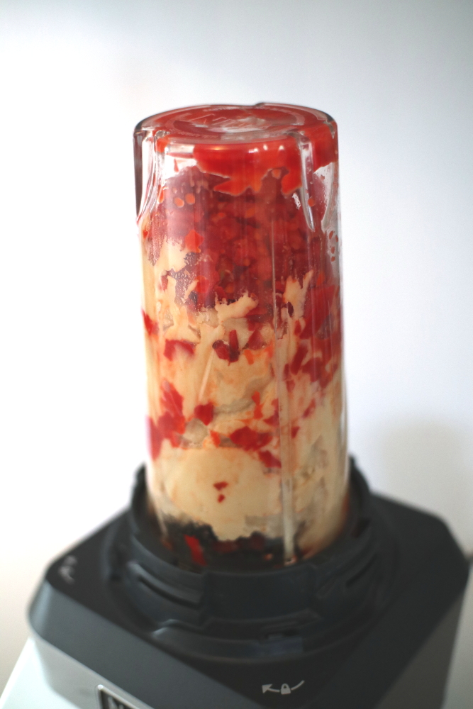 blender chopped char red pepper for red pepper hummus using canned hummus recipe partially blended