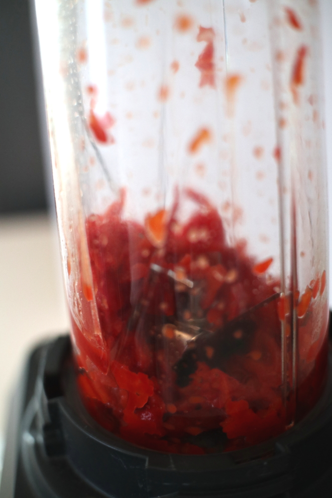 blender chopped char red pepper for red pepper hummus using canned hummus recipe