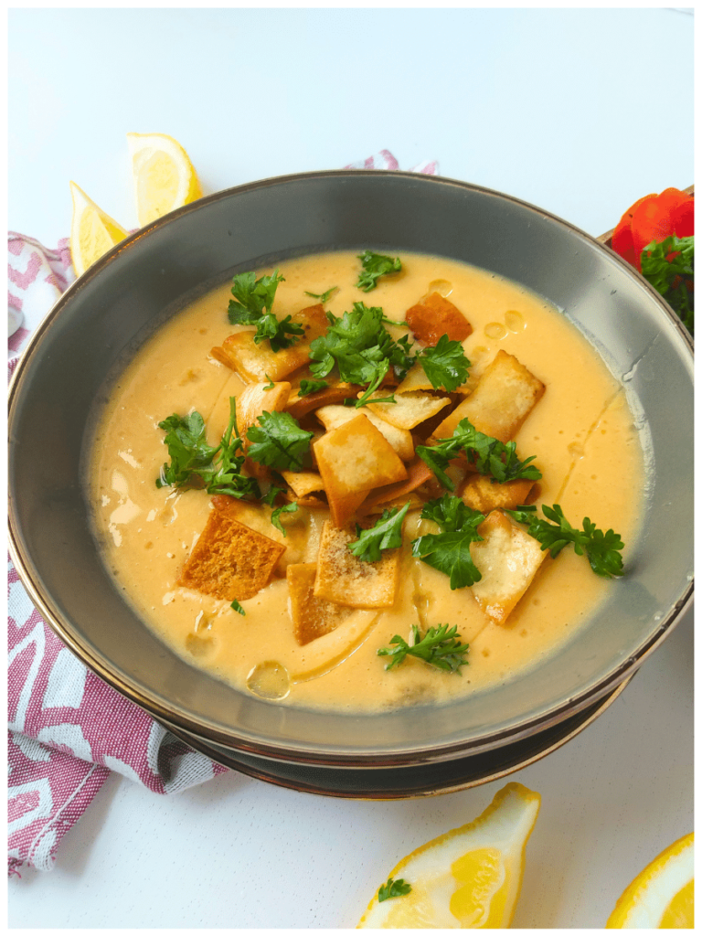 shorbat adas recipe with pita chips parsley lemon