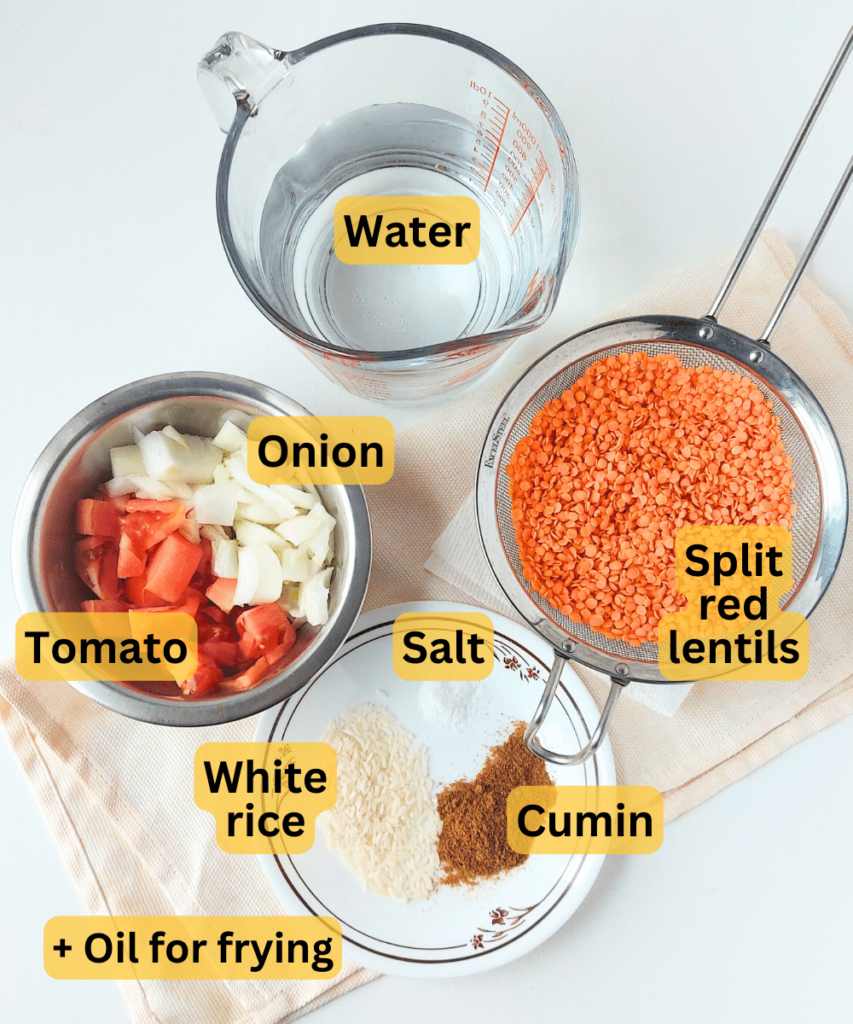 shorbet adas lebanese lentil soup top view of ingredients labeled